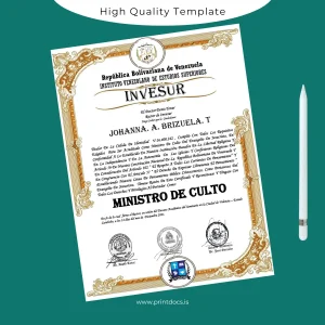 Printable Venezuela Instituto Venezolano de Estudios Superiores Minister of Worship Certificate Image Preview - PrintDocs