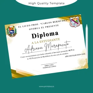 Printable Venezuela Prof. Carlos Bermúdez High School Diploma Template Image Preview - PrintDocs
