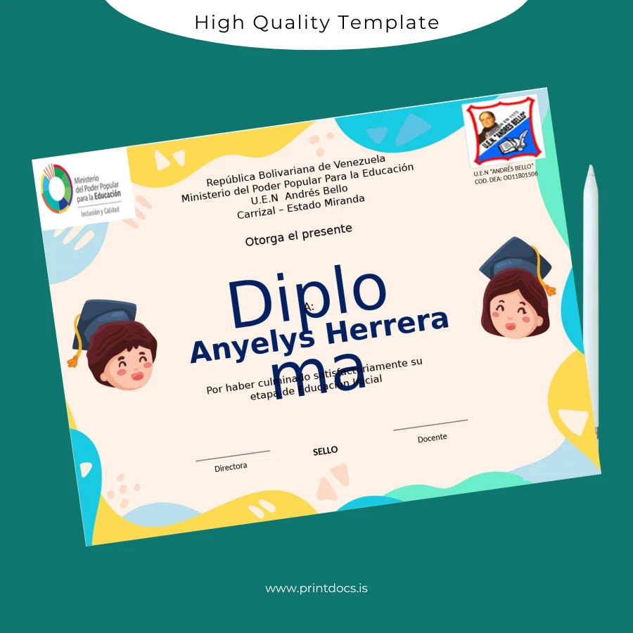 Printable Venezuela U.E.N Andrés Bello High School Diploma Image Preview - PrintDocs