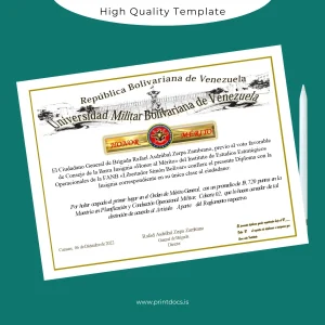 Printable Venezuela Universidad Militar Bolivariana de Venezuela Master's Degree Diploma Image Preview - PrintDocs